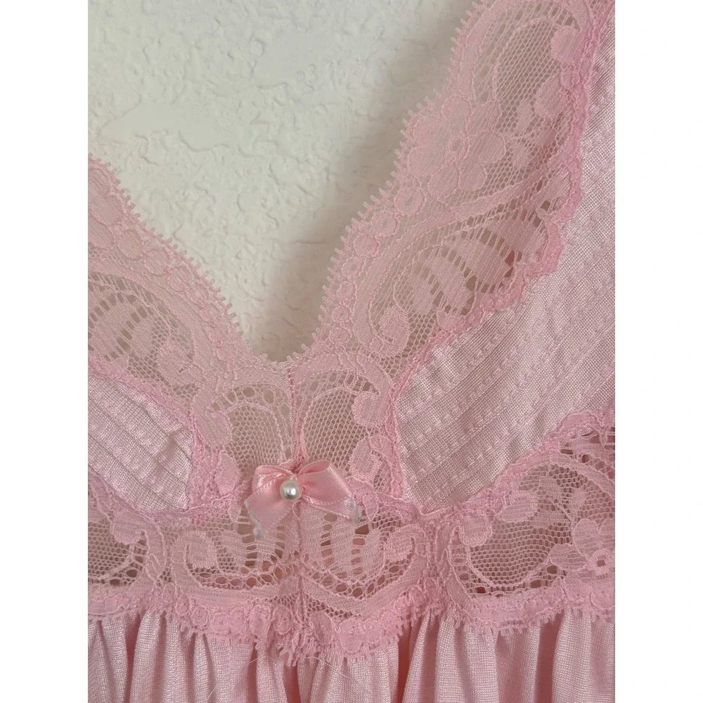 Vintage Pink kayser satin Lace Maxi Nightgown Spaghetti Strap Bow slip Sleepwear
